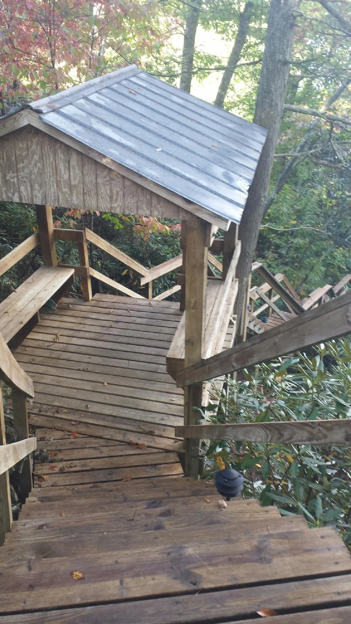 Metal roofed shelter over wooden steps on a wooded walkway — Skylight Repair & Installation work by our crew in Midfield